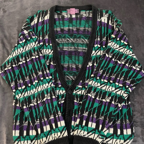Vibrant Geometric Cardigan Sweater - Black, Green, Purple - Picture 2 of 5